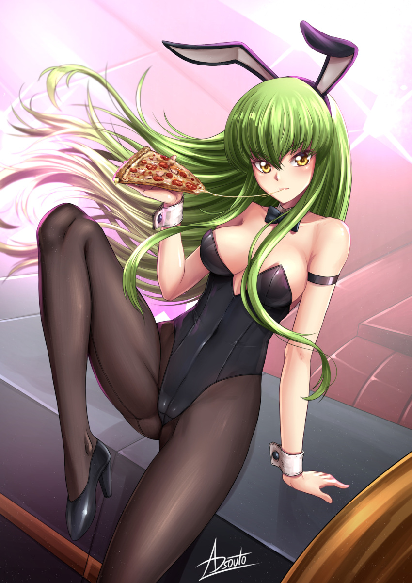 1girl adsouto animal_ears arm_strap arm_support bangs black_footwear black_legwear black_leotard black_neckwear blush breasts c.c. closed_mouth code_geass collarbone covered_navel eating eyebrows_visible_through_hair fake_animal_ears floating_hair food green_hair hair_between_eyes hairband high_heels highres holding holding_food leotard long_hair looking_at_viewer medium_breasts pantyhose pizza playboy_bunny pumps purple_hairband rabbit_ears shiny shiny_hair signature sitting solo straight_hair strapless strapless_leotard very_long_hair wrist_cuffs yellow_eyes