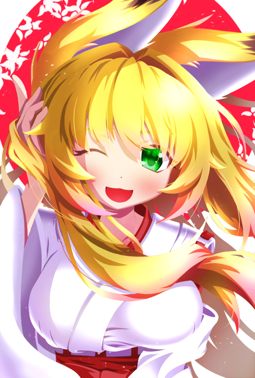 1girl :3 :d animal_ears bangs blonde_hair blush endless1192 eyes_visible_through_hair fox_ears fox_girl green_eyes hair_intakes hair_over_shoulder hand_up highres holding holding_hair japanese_clothes long_hair looking_at_viewer miko one_eye_closed original smile solo upper_body