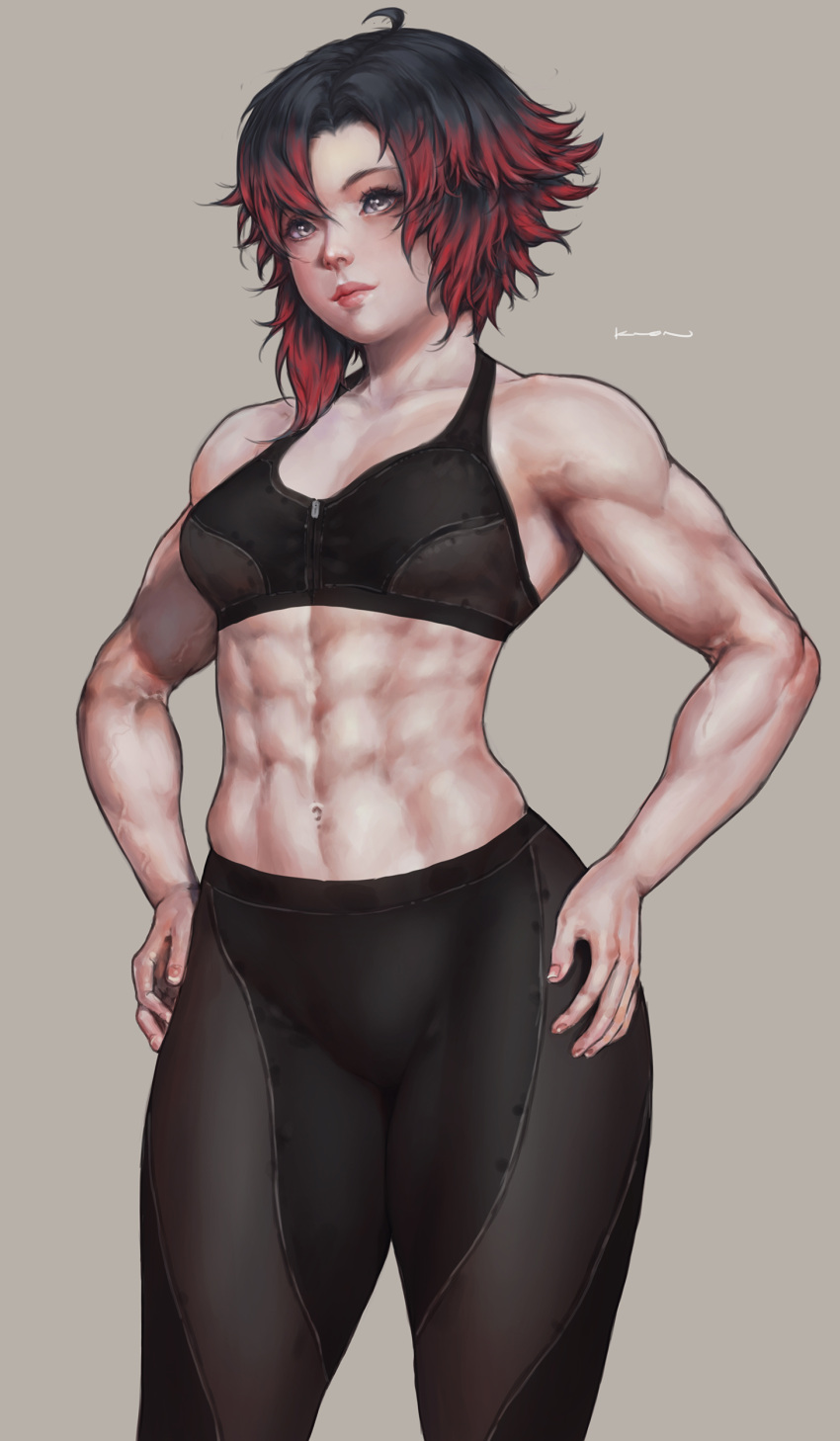 1girl abs absurdres black_hair breasts contrapposto grey_background grey_eyes hands_on_hips highres kuon_(kwonchanji) medium_breasts medium_hair multicolored_hair muscular muscular_female navel pants pink_lips redhead ruby_rose rwby signature solo sports_bra streaked_hair two-tone_hair veins yoga_pants zipper