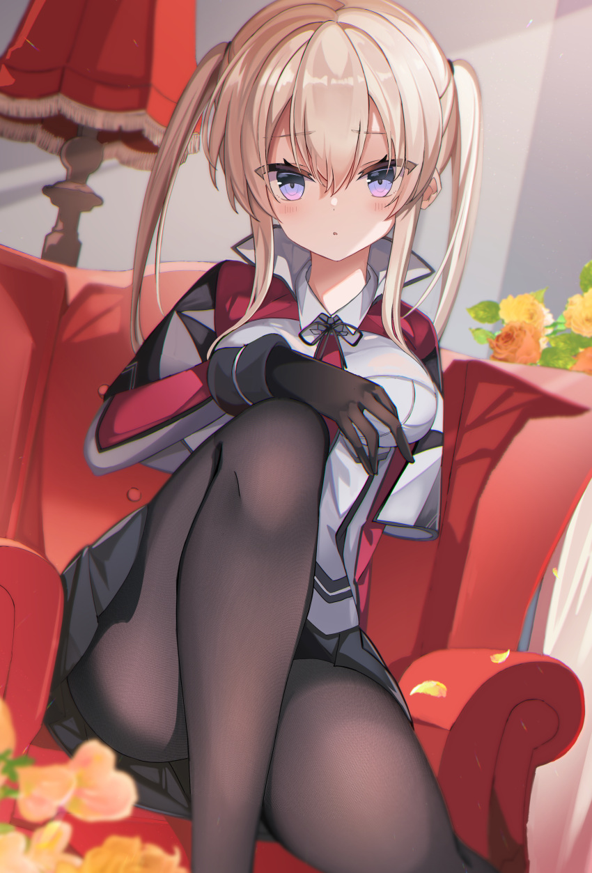 1girl absurdres armchair black_gloves black_legwear black_skirt blonde_hair breasts celtic_knot chair fathom gloves graf_zeppelin_(kancolle) hair_between_eyes highres indoors kantai_collection large_breasts military military_uniform miniskirt necktie pantyhose pleated_skirt red_neckwear sidelocks sitting skirt solo twintails uniform violet_eyes