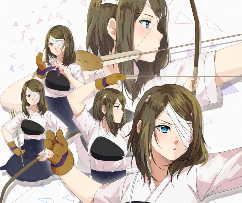 1girl :o aiming arrow_(projectile) bandages bangs blue_eyes bow_(weapon) brown_gloves brown_hair closed_mouth eyepatch gloves hakama holding holding_arrow holding_bow_(weapon) holding_weapon japanese_clothes kimono meuwzza open_mouth original short_hair short_sleeves simple_background single_glove sitting solo v-shaped_eyebrows weapon white_background