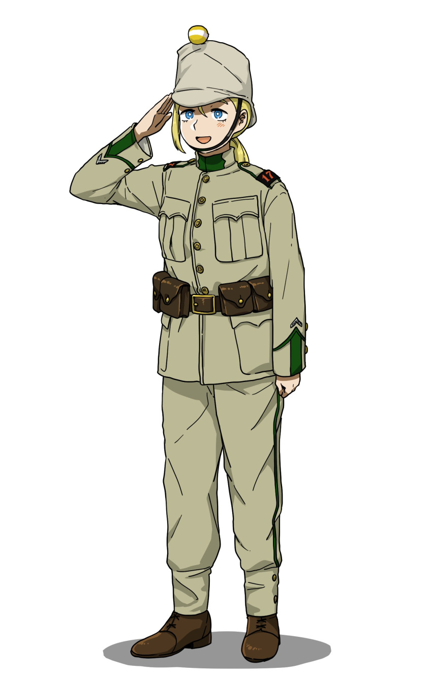 1girl anyan_(jooho) belt belt_pouch blonde_hair blue_eyes brown_belt brown_footwear brown_headwear brown_jacket brown_pants full_body hat highres jacket military military_uniform open_mouth original pants pouch salute shoes simple_background smile solo standing uniform white_background world_war_i