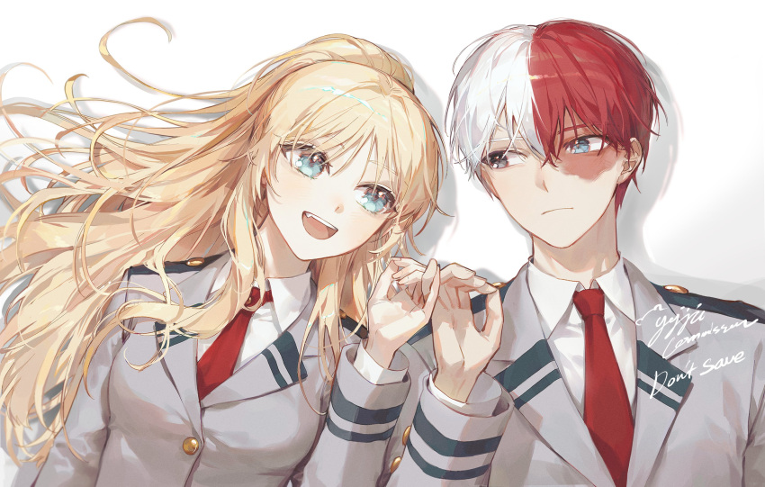 1boy bangs blonde_hair blue_eyes boku_no_hero_academia burn_scar character_request commission fang grey_eyes grey_jacket hand_up heterochromia highres holding_hands jacket kellymonica02 long_hair lying male_focus multicolored_hair necktie on_back original pinky_swear red_neckwear redhead scar scar_on_face short_hair signature simple_background todoroki_shouto two-tone_hair upper_body white_background white_hair