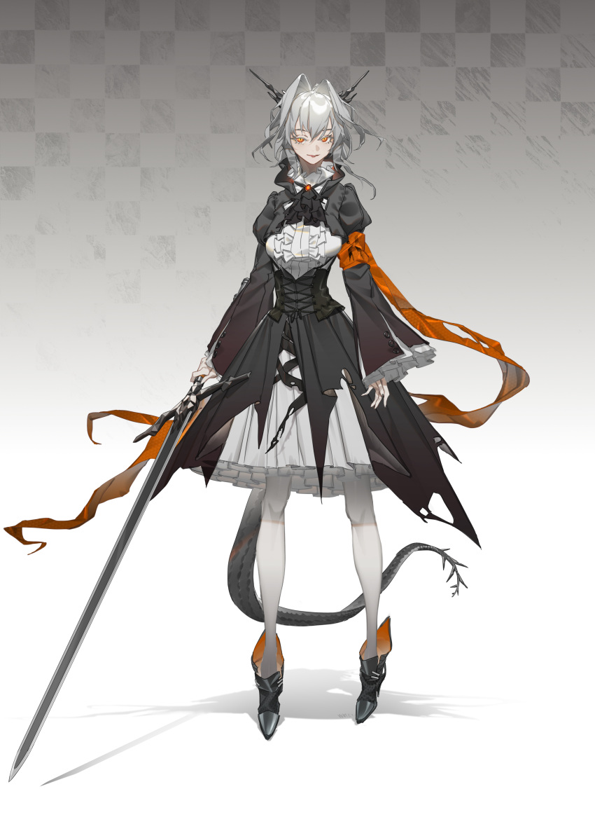 1girl absurdres arknights armband ascot black_dress black_footwear black_neckwear boots center_frills checkered checkered_background chinese_commentary commentary_request dragon_horns dragon_tail dress frills full_body gradient gradient_background grey_background grey_hair hair_intakes highres holding holding_sword holding_weapon horns juliet_sleeves long_sleeves looking_at_viewer orange_eyes orange_ribbon pantyhose parted_lips puffy_sleeves ribbon shadow smile solo standing sword tail talulah_(arknights) weapon white_background white_dress white_legwear whter