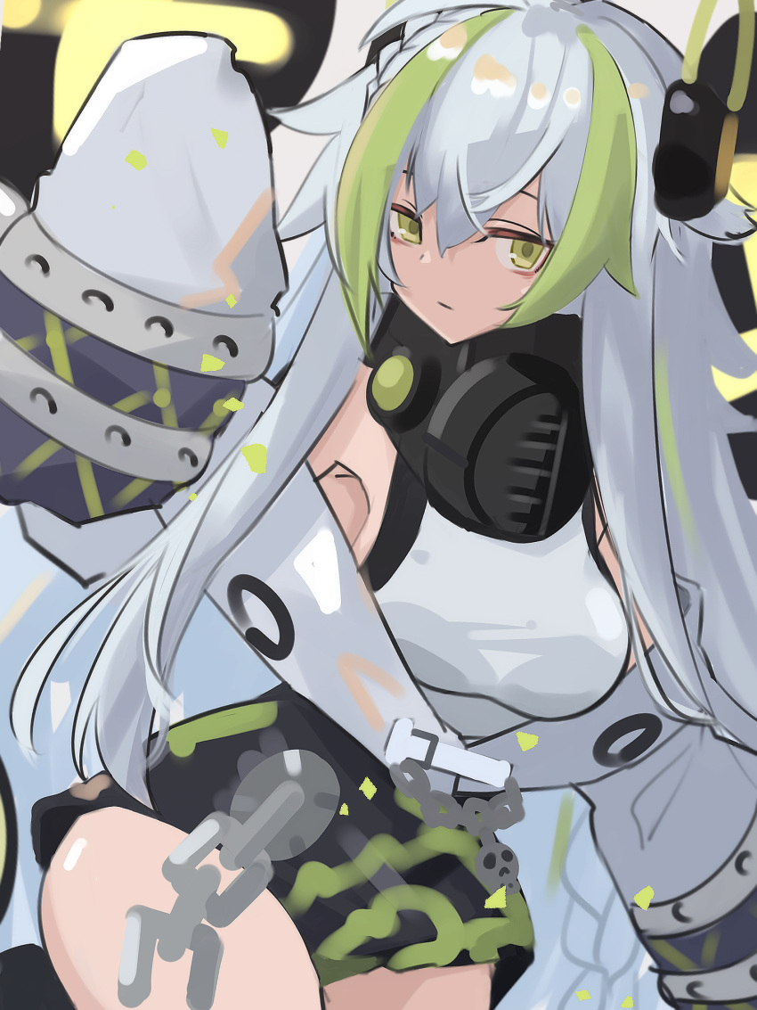 1girl arknights armpits asususususu bangs black_shorts breasts chain character_request gas_mask green_eyes grey_hair grey_jacket hair_between_eyes highres jacket long_hair long_sleeves looking_at_viewer mask multicolored_hair shirt shorts simple_background solo streaked_hair white_shirt