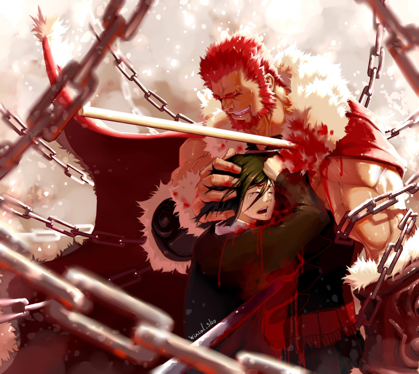 2boys absurdres beard blood blood_on_clothes cape chain chained crying facial_hair fate/zero fate_(series) fur-trimmed_cape fur_trim hand_on_another's_head highres impaled iskandar_(fate) leather male_focus mature_male multiple_boys muscular muscular_male pectorals red_cape redhead short_hair sidepec smile upper_body waver_velvet wincalblanke