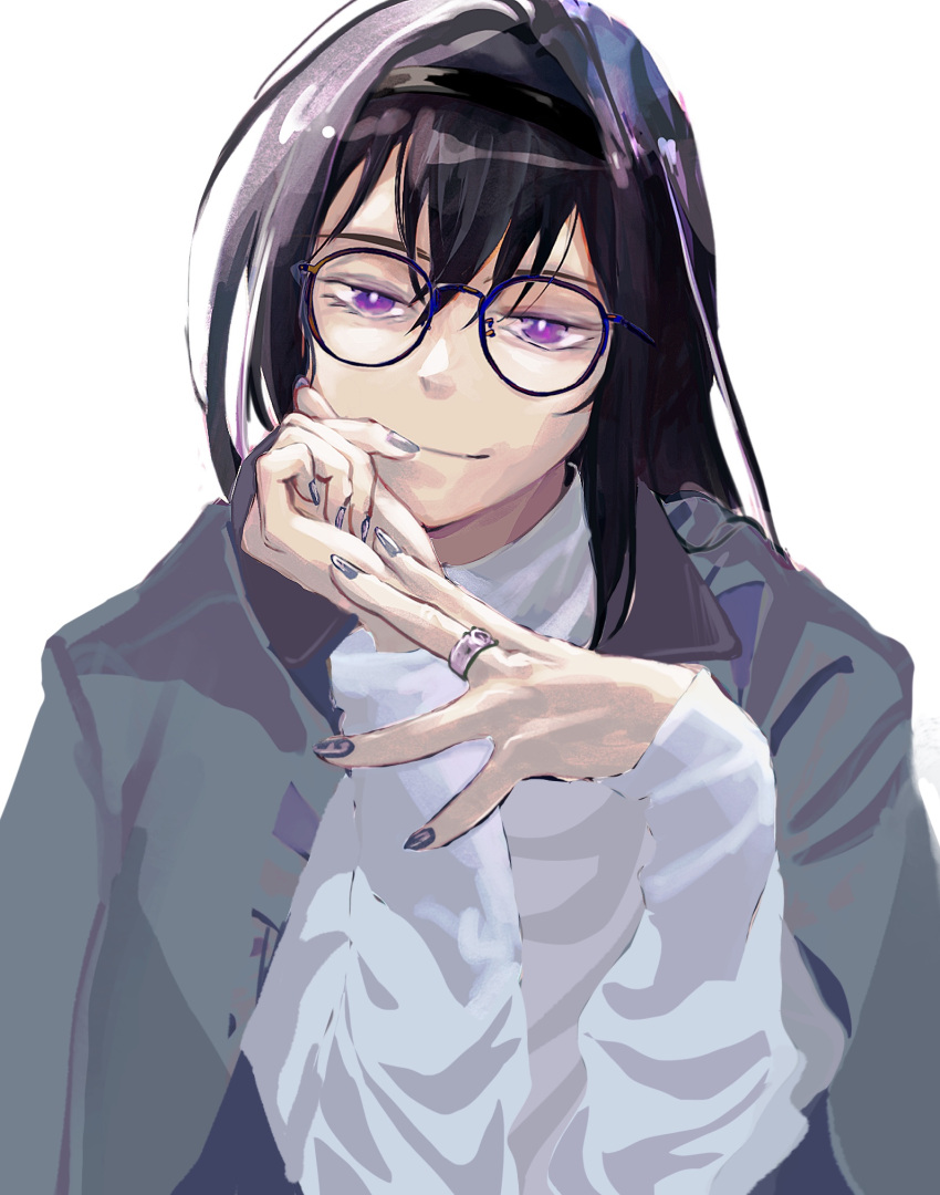 1girl akemi_homura black_hair black_hairband bright_pupils closed_mouth commentary_request elbow_rest glasses grey_jacket hairband hands_up head_tilt highres jacket jacket_on_shoulders jewelry karen_le_cao long_hair long_sleeves looking_at_viewer mahou_shoujo_madoka_magica ring shirt silver_nails simple_background smile solo upper_body violet_eyes white_background white_pupils white_shirt