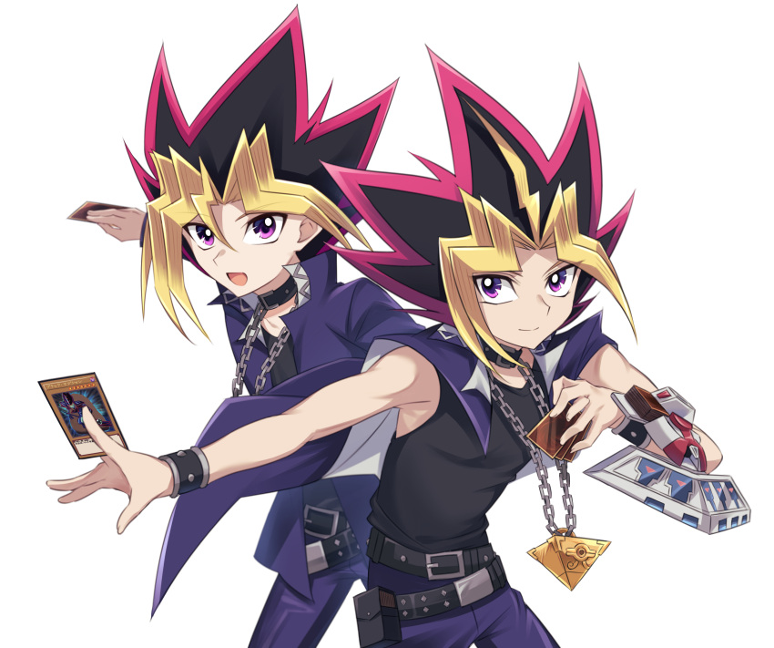 2boys :d bangs bare_arms bare_shoulders belt black_belt black_shirt blonde_hair blue_cape blue_jacket blue_pants cape card chain chain_necklace collarbone dark_magician duel_disk highres holding jacket jewelry male_focus millennium_puzzle multicolored_hair multiple_boys mutou_yuugi necklace nemu_mohu open_mouth pants shirt simple_background smile spiky_hair two-tone_hair violet_eyes white_background yami_yuugi yu-gi-oh!