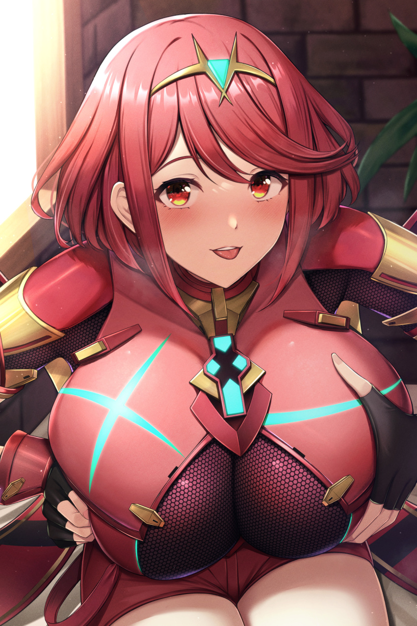 1girl absurdres bangs black_gloves blush breast_squeeze breasts chest_jewel earrings fingerless_gloves gloves highres huge_breasts jewelry looking_at_viewer paintcan parted_lips pyra_(xenoblade) red_eyes red_shorts redhead short_hair short_shorts shorts sidelocks smile solo swept_bangs thighs tiara tongue tongue_out xenoblade_chronicles_(series) xenoblade_chronicles_2