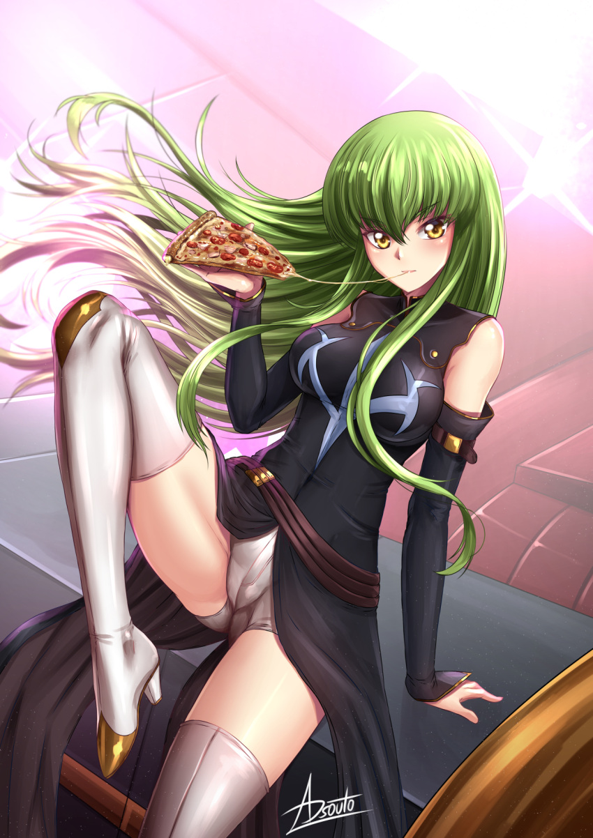 1girl adsouto arm_support bangs black_sleeves blush boots c.c. code_geass detached_sleeves eating eyebrows_visible_through_hair floating_hair food green_hair hair_between_eyes high_heel_boots high_heels highres holding holding_food long_hair long_sleeves looking_at_viewer pizza shiny shiny_hair short_shorts shorts signature sitting solo straight_hair thigh-highs thigh_boots very_long_hair white_footwear white_shorts yellow_eyes