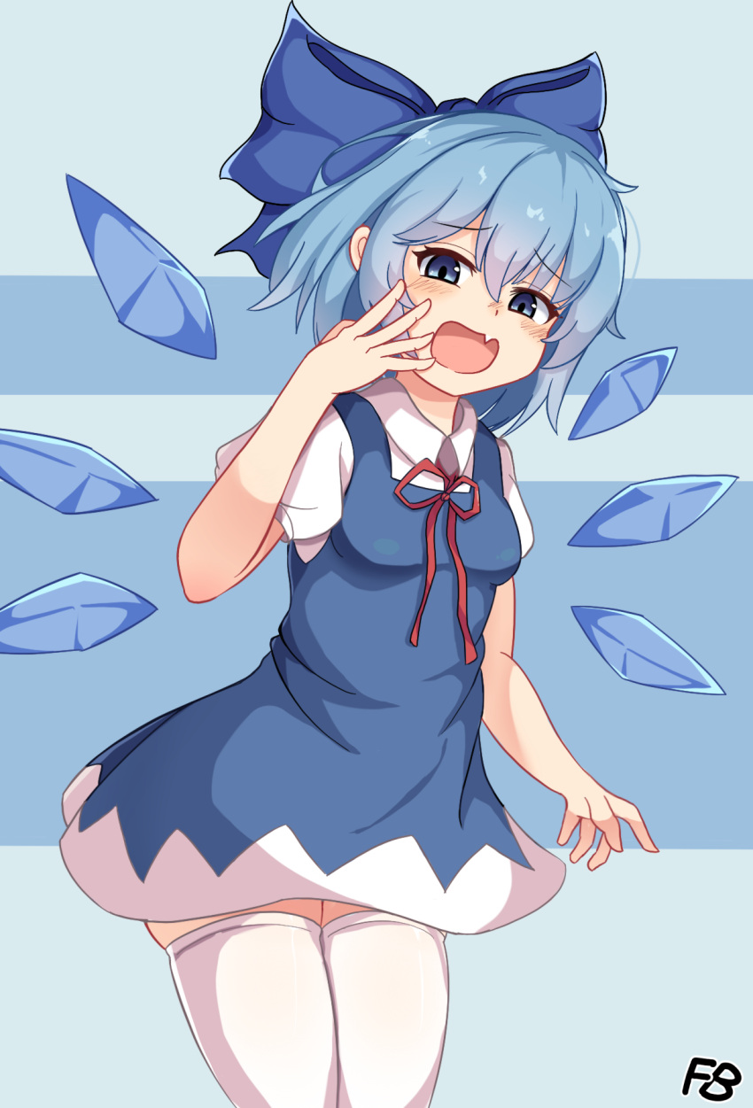 1girl arm_up blue_dress blue_eyes blue_hair blue_ribbon blush breasts cirno collared_shirt dress eyebrows_visible_through_hair fang floorbear hair_between_eyes hair_ribbon highres ice ice_wings loli looking_at_viewer open_mouth pinafore_dress puffy_short_sleeves puffy_sleeves red_neckwear red_ribbon ribbon shirt short_hair short_sleeves signature skin_fang small_breasts solo thighs touhou white_legwear white_shirt wings