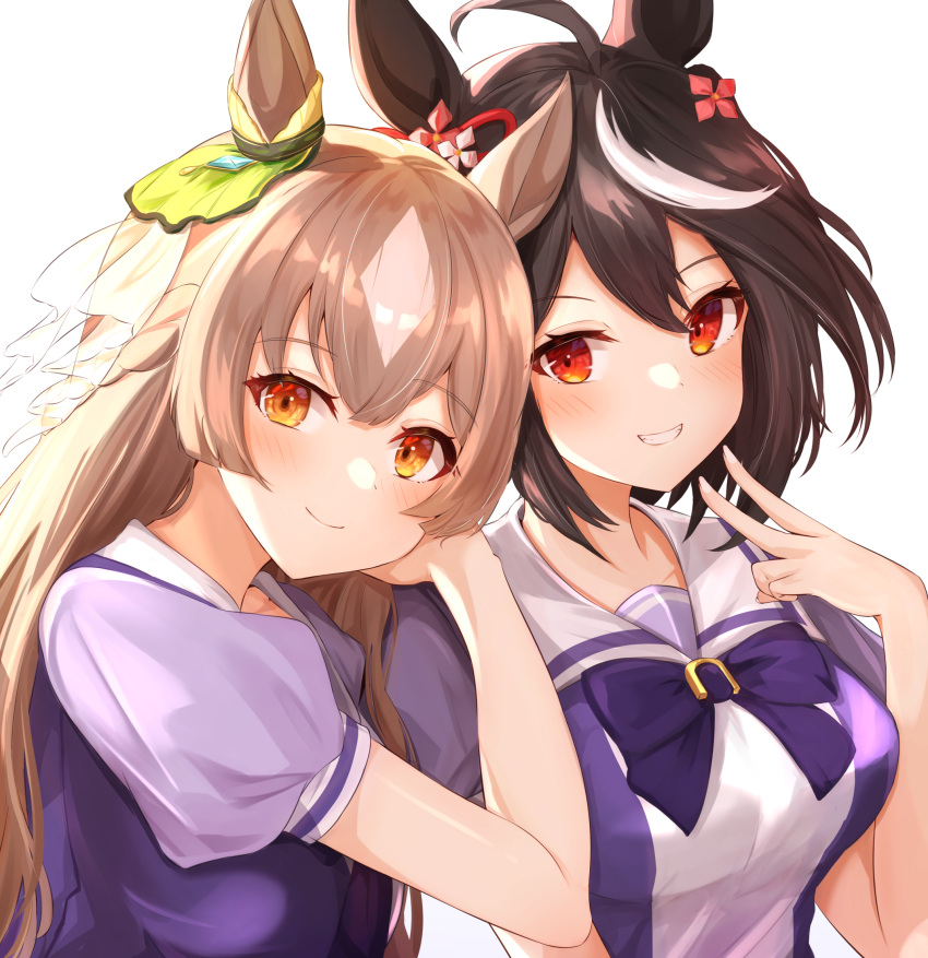 2girls ahoge animal_ears bangs black_hair blush bow breasts brown_hair closed_mouth commentary_request ear_ribbon eyebrows_visible_through_hair flower grin hair_between_eyes hair_flower hair_ornament hand_on_another's_shoulder hand_up head_rest highres horse_ears horse_girl kitasan_black_(umamusume) large_breasts looking_at_viewer multicolored_hair multiple_girls puffy_short_sleeves puffy_sleeves purple_bow purple_shirt red_eyes sailor_collar satono_diamond_(umamusume) school_uniform shirt short_sleeves simple_background sky_cappuccino smile streaked_hair tracen_school_uniform umamusume upper_body v white_background white_hair white_sailor_collar