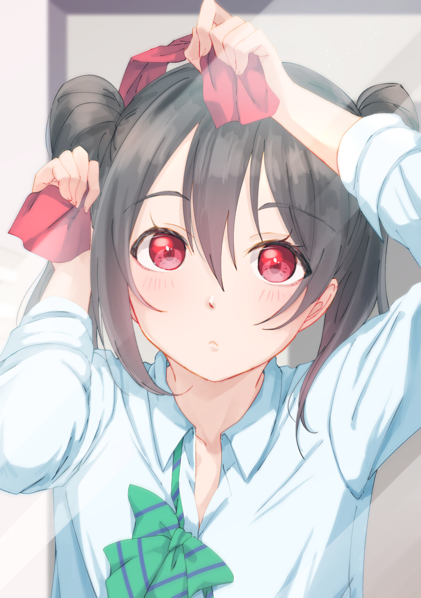 1girl :&lt; absurdres adjusting_hair bangs black_hair blush bow bowtie collarbone dress_shirt dressing green_neckwear hair_between_eyes hair_ribbon highres kobayashi_nyoromichi looking_at_viewer love_live! love_live!_school_idol_project red_eyes red_ribbon reflection ribbon shirt sidelocks solo striped striped_neckwear twintails upper_body white_shirt yazawa_nico