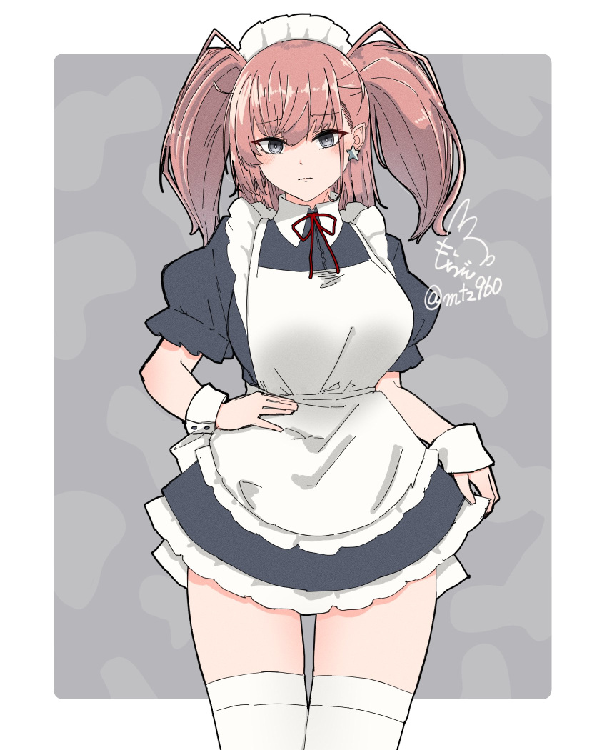 1girl alternate_costume apron atlanta_(kancolle) black_dress border brown_hair cowboy_shot dress earrings enmaided frilled_apron frills grey_background grey_eyes highres jewelry kantai_collection long_hair looking_at_viewer maid maid_apron maid_headdress mochizou one-hour_drawing_challenge solo star_(symbol) star_earrings thigh-highs two-tone_background two_side_up white_apron white_border white_legwear wrist_cuffs