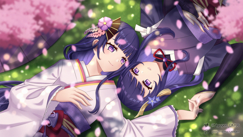 2girls bangs blush bridal_gauntlets cherry_blossoms closed_mouth commentary dm_(nguyen_dm95) english_commentary falling_petals flower genshin_impact grass hair_ornament hand_on_own_chest highres holding_hands japanese_clothes kimono long_hair long_sleeves looking_at_another lying mole mole_under_eye multiple_girls obi obiage obijime on_back open_mouth petals purple_flower purple_hair raiden_makoto raiden_shogun sash siblings sisters smile spoilers tassel twitter_username violet_eyes wide_sleeves