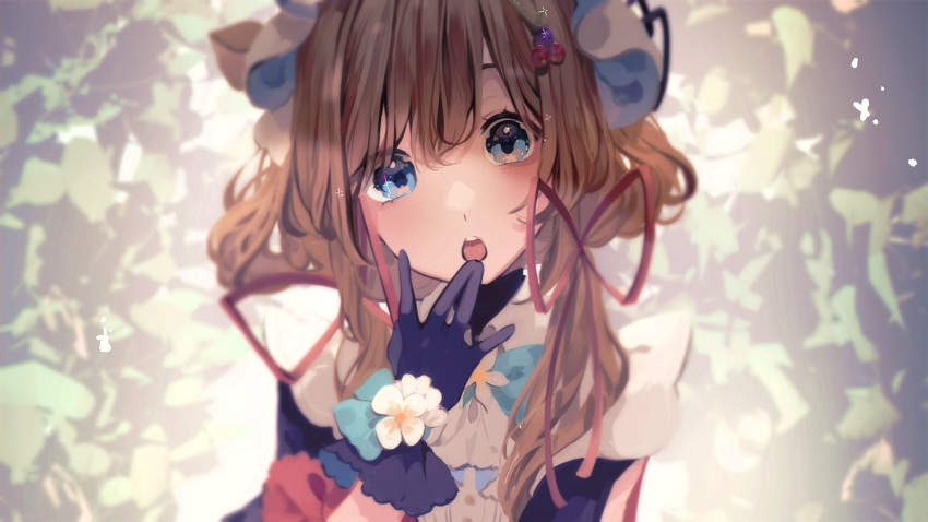 1girl :o animal_ears bangs black_gloves blue_eyes brown_hair eli_conifer euphie_vt eyebrows_behind_hair flat_chest gloves head_tilt highres leaf looking_at_viewer low_twintails nijisanji open_mouth portrait solo squirrel_ears twintails virtual_youtuber