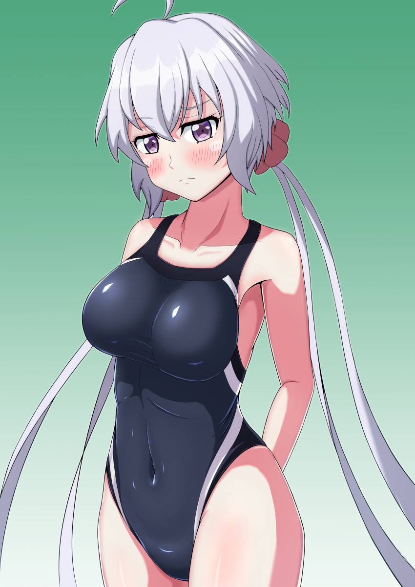 1girl absurdres arms_behind_back blush breasts collarbone competition_swimsuit covered_navel gradient gradient_background green_background highleg highleg_swimsuit highres large_breasts long_hair looking_at_viewer one-piece_swimsuit senki_zesshou_symphogear silver_hair solo standing swimsuit taurus_(cor-tauri-0426) twintails violet_eyes yukine_chris