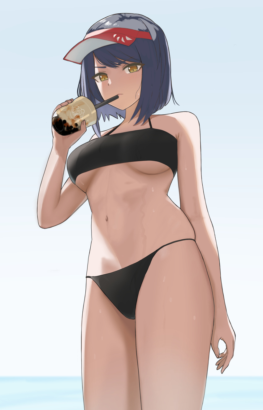 1girl absurdres arm_behind_back bangs bare_shoulders black_hair black_swimsuit breasts bubble_tea cup drinking_straw feet_out_of_frame genshin_impact highres holding holding_cup kujou_sara looking_at_viewer me0i medium_hair midriff simple_background solo standing sweat swimsuit under_boob v-shaped_eyebrows visor_cap yellow_eyes