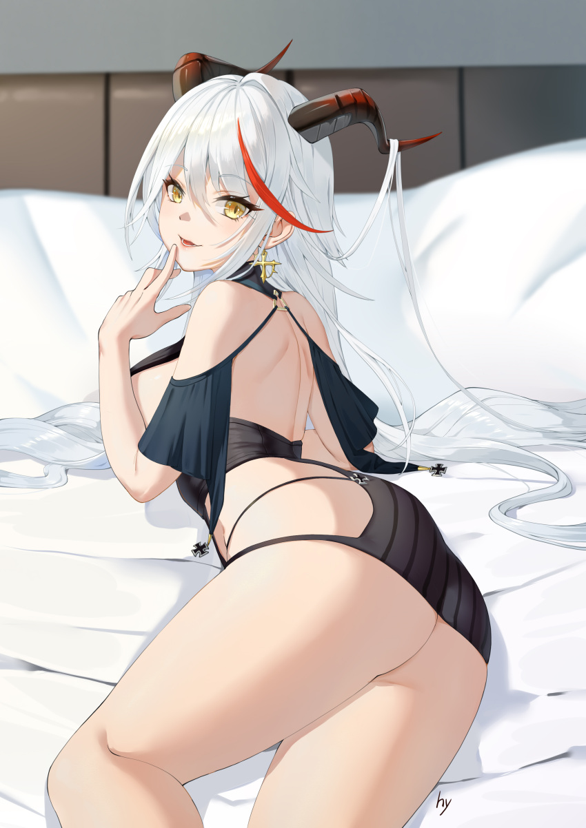 1girl absurdly_long_hair absurdres aegir_(azur_lane) ass azur_lane backless_outfit bare_shoulders bareback black_skirt breast_curtains breasts cross cross_earrings demon_horns earrings finger_to_mouth hair_between_eyes hair_on_horn heiyu highres horns iron_cross jewelry large_breasts long_hair looking_at_viewer looking_back lying microskirt multicolored_hair on_bed on_side redhead skirt solo streaked_hair underbust very_long_hair white_hair yellow_eyes