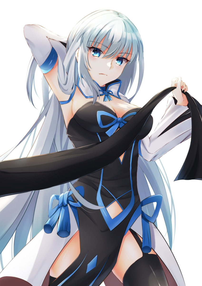 1girl arms_at_sides black_ribbon blue_eyes braid breasts breasts_apart crown crown_braid fate/grand_order fate_(series) hair_between_eyes highres light_frown long_hair looking_at_viewer medium_breasts morgan_le_fay_(fate) navel oneheart396 platinum_blonde_hair ribbon shaded_face solo thigh-highs thigh_gap thighs very_long_hair white_background wide_sleeves