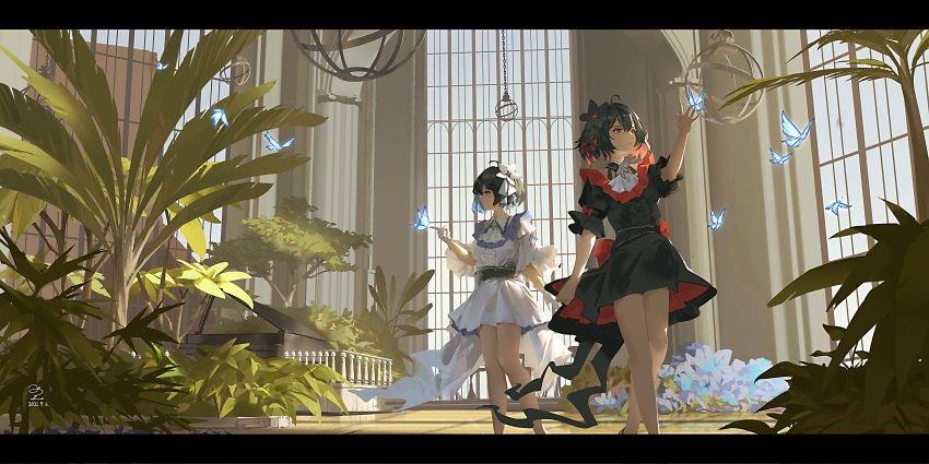 2girls absurdres ahoge arm_up ascot bangs black_dress black_flower black_hair blue_butterfly blue_hair bug butterfly chinese_commentary colored_inner_hair commentary_request detached_collar dress dual_persona feet_out_of_frame flower gloves hair_between_eyes hair_flower hair_ornament hand_up highres honkai_(series) honkai_impact_3rd indoors looking_at_animal multicolored_hair multiple_girls parted_lips plant red_eyes redhead ribao seele_(alter_ego) seele_vollerei short_hair short_sleeves standing tree white_dress white_flower white_gloves white_neckwear window