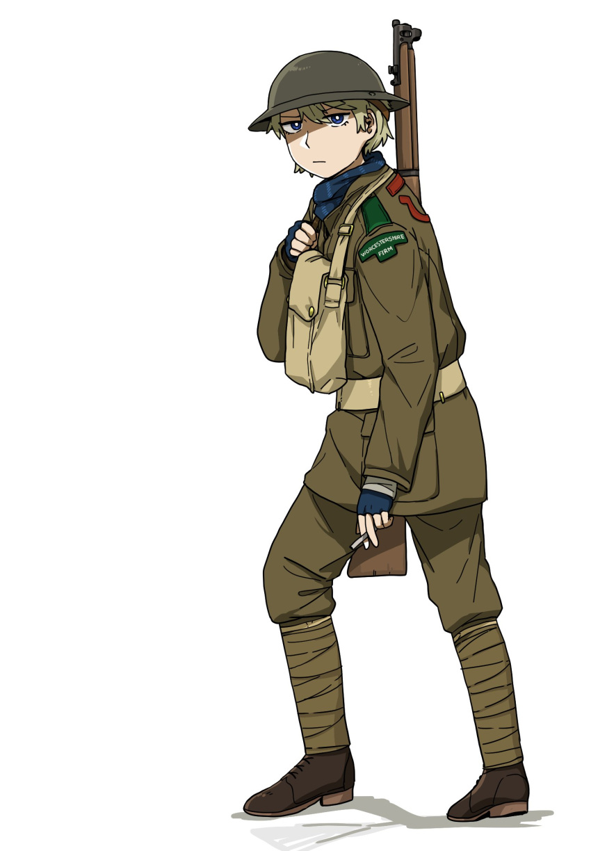 1girl anyan_(jooho) bag belt blonde_hair blue_eyes brodie_helmet brown_belt brown_footwear brown_jacket brown_pants cigarette fingerless_gloves frown full_body gloves gun helmet highres holding holding_cigarette jacket korean_commentary leg_wrap looking_at_viewer military military_uniform mixed-language_commentary original pants rifle rifle_on_back satchel shoes simple_background smoking solo standing uniform weapon white_background world_war_i