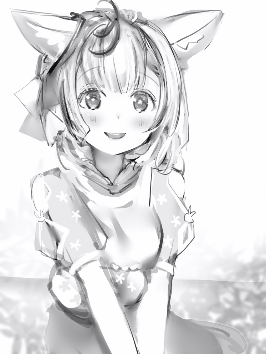 1girl :d animal_ears antenna_hair blush ears_down flower-shaped_pupils fox_ears greyscale highres hololive looking_at_viewer medium_hair monochrome nanashi_(nlo) official_alternate_costume omaru_polka open_mouth puffy_short_sleeves puffy_sleeves shirt short_sleeves simple_background skirt smile solo upper_body white_background