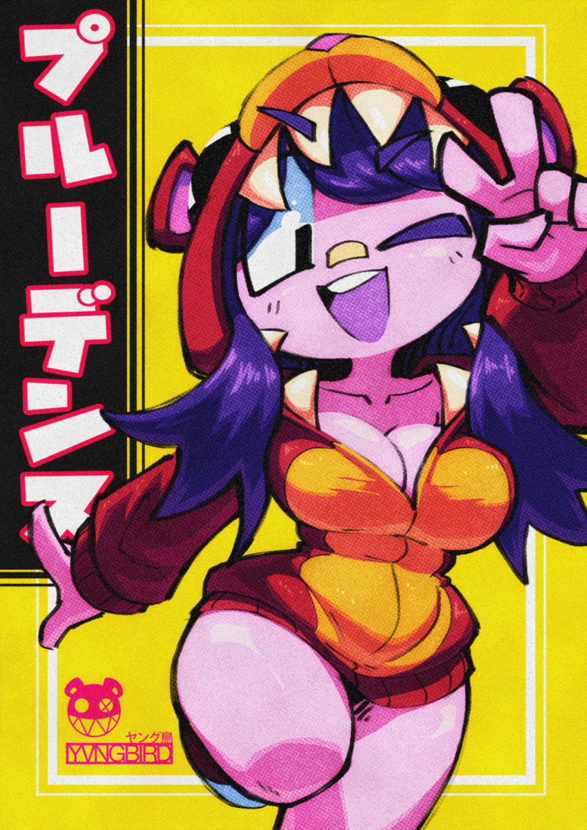 1girl animal_hood bandage_on_face bandages blue_eyes blue_hair colored_skin highres hood hoodie leg_up long_hair looking_at_viewer no_pants no_shirt one_eye_closed open_mouth orange_hoodie original pink_skin simple_background smile solo teeth v yellow_background yungbird