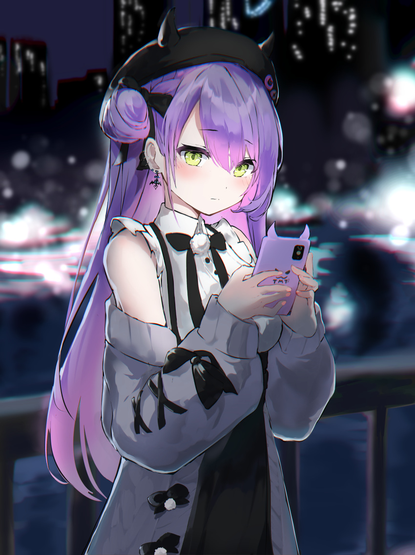 1girl absurdres black_ribbon blurry blurry_background blush casual cellphone cowboy_shot earrings fake_horns green_eyes hair_bun hat highres hololive horned_headwear horns jewelry kabedoru long_hair long_sleeves looking_at_phone night off_shoulder outdoors phone pom_pom_(clothes) purple_hair ribbon solo tokoyami_towa virtual_youtuber