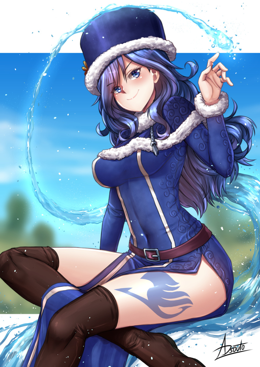1girl adsouto bangs blue_capelet blue_dress blue_eyes blue_hair blue_headwear blurry blurry_background blush boots breasts brown_footwear capelet closed_mouth covered_navel dress eyebrows_visible_through_hair fairy_tail fur-trimmed_capelet fur-trimmed_headwear fur-trimmed_sleeves fur_trim hair_between_eyes highres juvia_lockser leg_tattoo long_hair long_sleeves medium_breasts shiny shiny_hair side_slit signature sitting smile solo tattoo thigh-highs thigh_boots water