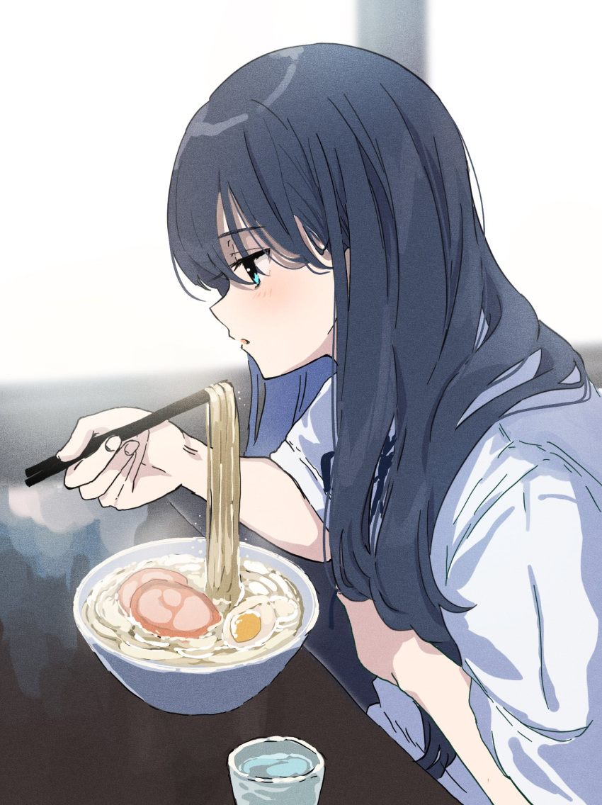 1girl black_hair blue_eyes blurry blurry_background chopsticks commentary_request eating elbow_rest food from_side highres holding holding_chopsticks light_blush long_hair nanaponi noise noodles original profile ramen shirt short_sleeves solo white_shirt window