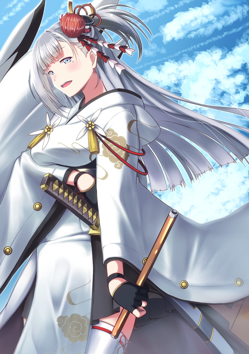 1girl arm_under_breasts azur_lane black_gloves blue_sky breasts clouds cloudy_sky flower from_below gloves hair_flower hair_ornament half_gloves highres japanese_clothes katana kimono large_breasts long_hair mimkai partially_fingerless_gloves red_flower sheath sheathed shoukaku_(azur_lane) sky solo sword weapon white_eyes white_hair white_kimono wide_sleeves