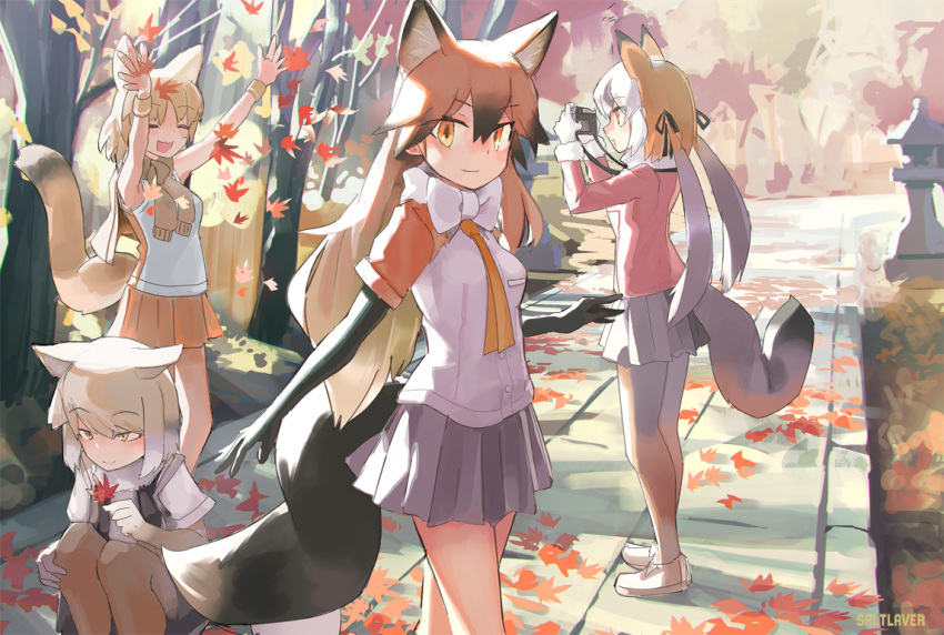 4girls animal_ears black_hair blonde_hair bow bowtie camera commentary_request extra_ears eyebrows_visible_through_hair fox_ears fox_girl fox_tail fur_trim grey_hair grey_legwear grey_skirt hair_between_eyes hair_tie island_fox_(kemono_friends) jacket jacket_around_neck kemono_friends leaf long_hair looking_at_viewer maple_leaf multicolored_hair multiple_girls necktie orange_hair orange_legwear orange_neckwear orange_shirt orange_skirt pale_fox_(kemono_friends) pantyhose pink_jacket pleated_skirt red_fox_(kemono_friends) saltlaver shirt short_hair skirt tail tibetan_sand_fox_(kemono_friends) twintails two-tone_hair two-tone_legwear two-tone_shirt white_fur white_neckwear white_shirt