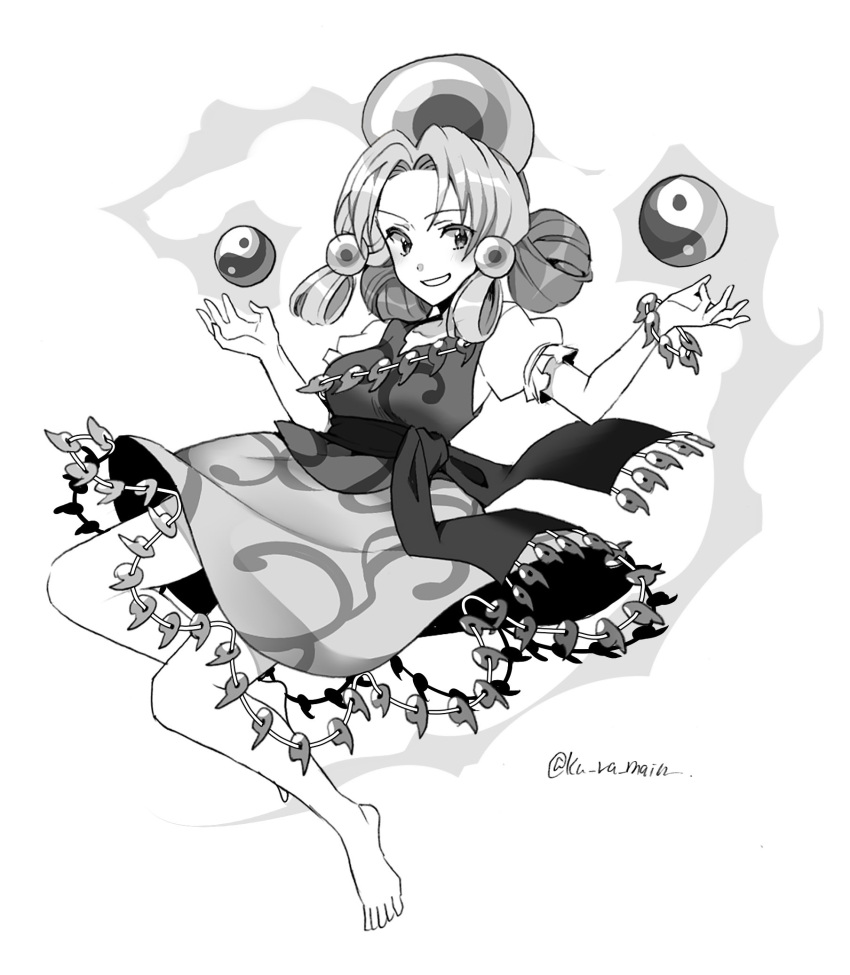 1girl double_bun eyebrows_visible_through_hair fire floating full_body grey_eyes grey_hair greyscale hair_ornament hairclip hands_up highres kuroshirase looking_at_viewer magatama magatama_trim medium_hair monochrome multicolored multicolored_clothes multicolored_hair one-hour_drawing_challenge orb patterned_clothing puffy_short_sleeves puffy_sleeves sash short_sleeves signature simple_background smile smirk solo tamatsukuri_misumaru touhou twitter_username two-tone_hair vest white_background yin_yang yin_yang_orb