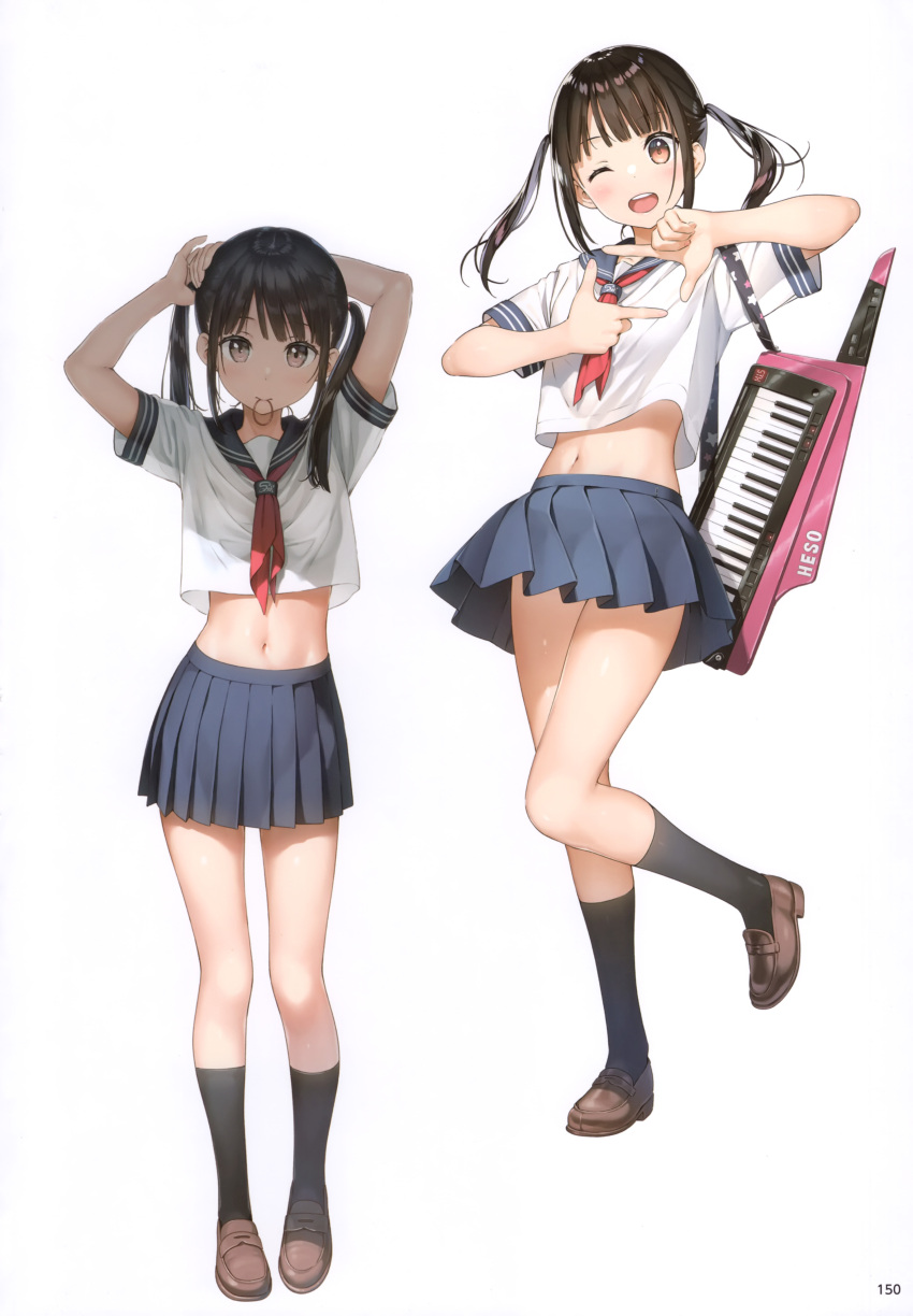 2girls ;d absurdres arms_up black_hair black_legwear brown_eyes brown_footwear collared_shirt floating_hair full_body grey_sailor_collar grey_skirt highres kantoku kneehighs loafers long_hair looking_at_viewer midriff miniskirt mouth_hold multiple_girls navel neckerchief one_eye_closed open_mouth original page_number pleated_skirt red_neckwear sailor_collar sailor_shirt school_uniform see-through_silhouette serafuku shiny shiny_hair shirt shoes short_sleeves simple_background skirt smile standing stomach twintails tying_hair white_background white_shirt