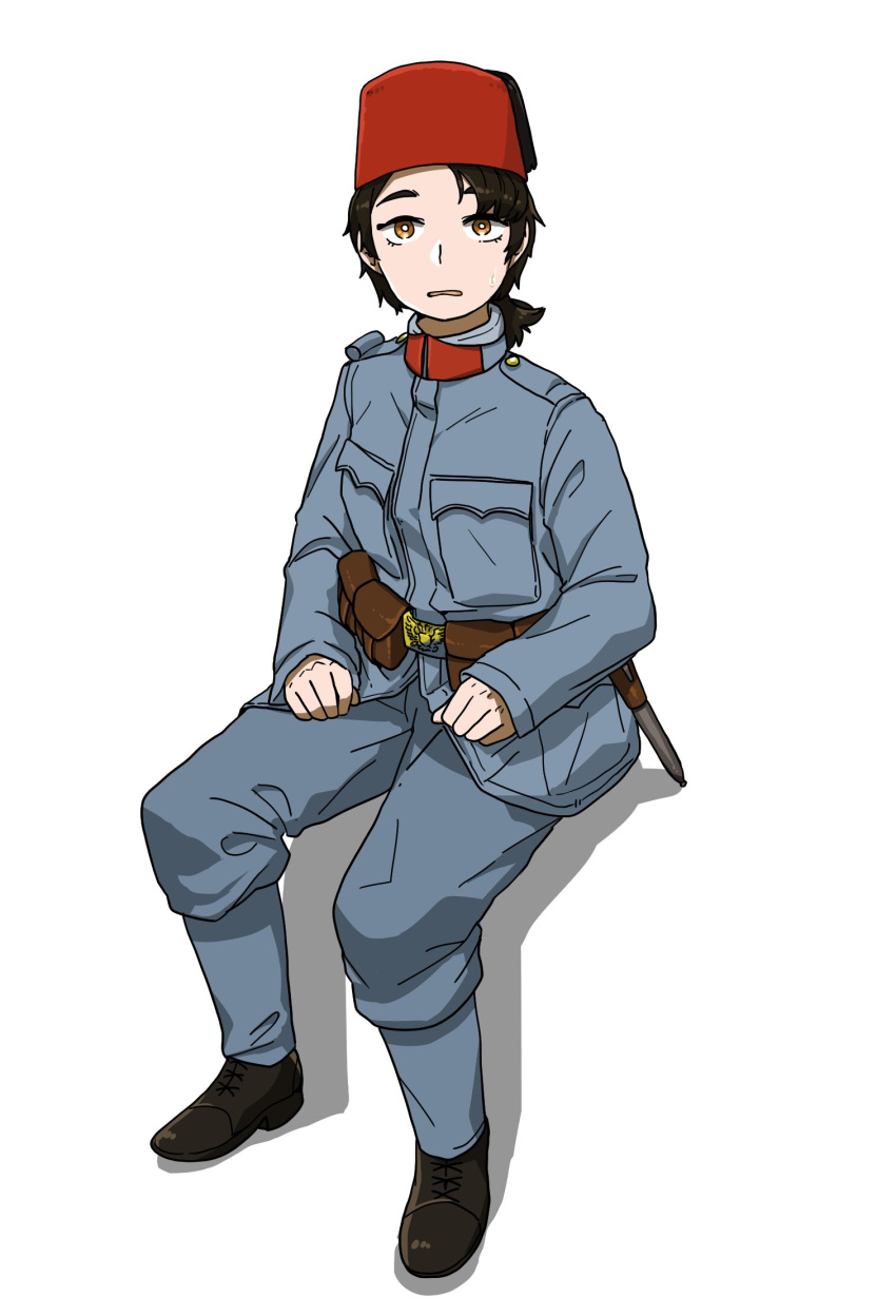 1girl anyan_(jooho) belt_pouch black_footwear black_hair blue_jacket blue_pants brown_eyes from_above full_body hat highres jacket knife long_sleeves looking_at_viewer medium_hair military military_uniform original pants pouch red_headwear sheath sheathed shoes simple_background sitting solo sweatdrop uniform white_background world_war_i