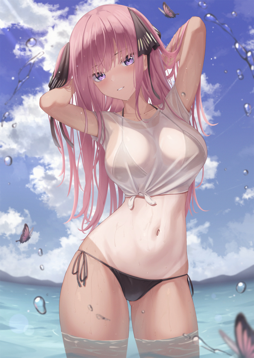 1girl arms_behind_head arms_up ass_visible_through_thighs bikini black_bikini breasts bug butterfly clouds collarbone commentary cowboy_shot crop_top day front-tie_top go-toubun_no_hanayome hair_ribbon halter_top halterneck highres large_breasts long_hair looking_at_viewer marinesnow nakano_nino navel outdoors parted_lips pink_hair ribbon see-through shirt short_sleeves side-tie_bikini smile solo standing stomach string_bikini sunlight swimsuit tan tanlines tied_shirt two_side_up violet_eyes wading water wet wet_clothes wet_shirt white_shirt