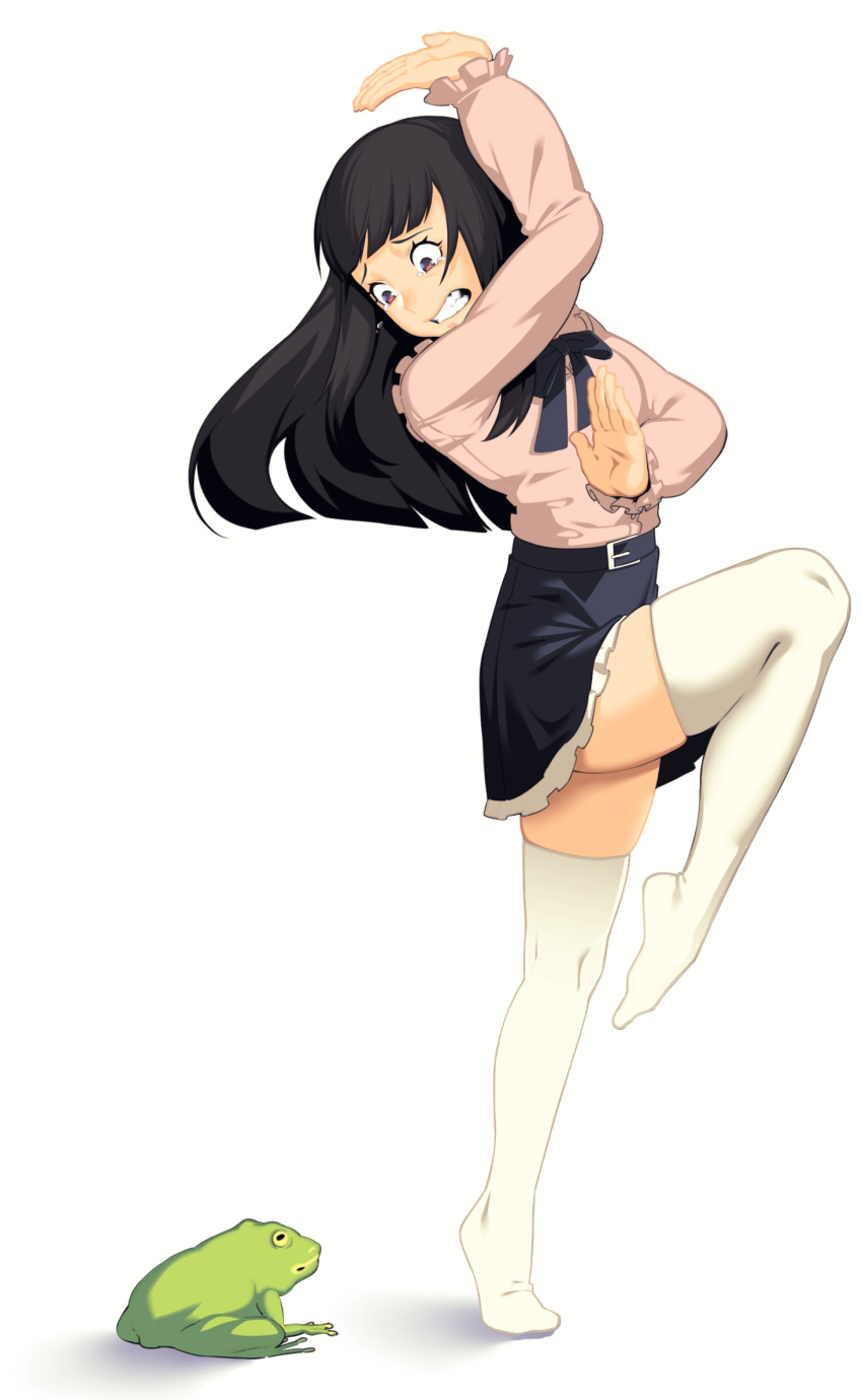 1girl belt black_belt black_hair black_neckwear black_ribbon black_skirt blue_eyes clenched_teeth dyun full_body hand_up highres long_hair long_sleeves miniskirt neck_ribbon original pink_shirt pose red_eyes ribbon scared shirt simple_background skirt solo standing standing_on_one_leg tears teeth tiptoes white_background white_legwear wide-eyed