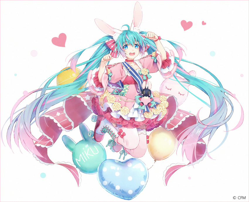 1girl :d ahoge animal_ear_fluff animal_ears aqua_hair arm_up balloon blue_eyes boots bow character_name commentary cross-laced_footwear dress flower gradient_hair hair_bow hakusai_(tiahszld) hand_up hatsune_miku heart heart_balloon lace-up_boots long_hair looking_at_viewer midair multicolored_hair open_mouth pink_dress pink_hair puffy_short_sleeves puffy_sleeves rabbit_ears red_bow roller_skates rose short_sleeves skates smile solo striped striped_bow thigh-highs thighhighs_under_boots twintails upper_teeth very_long_hair vocaloid white_background white_footwear white_legwear yellow_flower yellow_rose