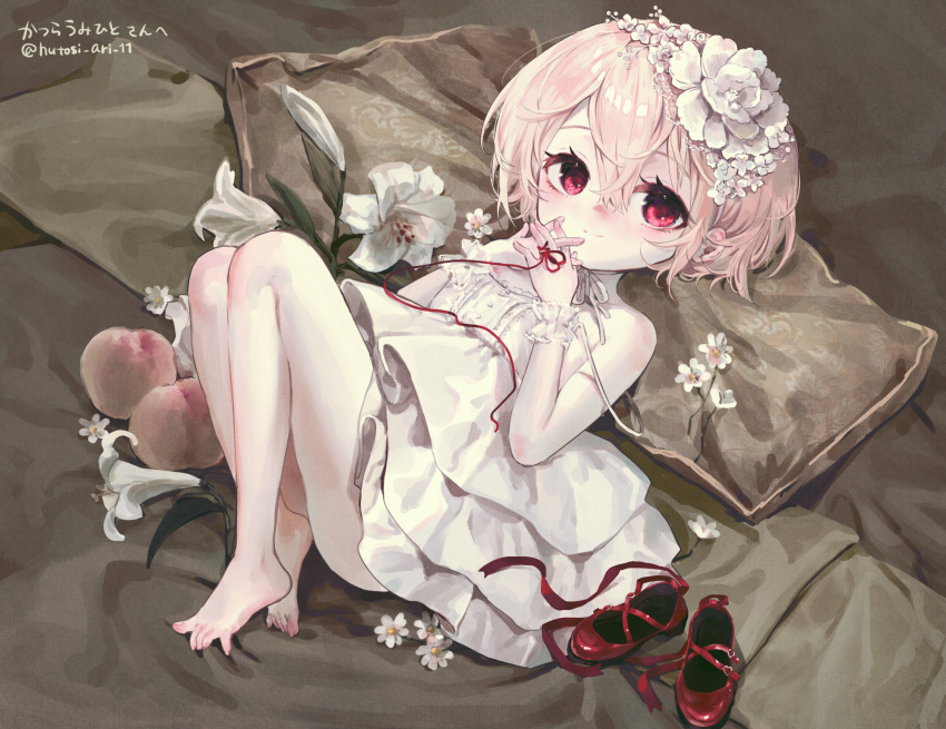 1girl anal_(arinosumuki) bare_shoulders barefoot blush character_request closed_mouth dress flower food fruit full_body hair_between_eyes hair_flower hair_ornament highres interlocked_fingers knees_up lily_(flower) lolita_fashion looking_at_viewer lying on_back own_hands_together peach pillow red_eyes red_footwear shoes shoes_removed short_hair silver_hair sleeveless sleeveless_dress smile solo strapless strapless_dress string string_around_finger string_of_fate toes ukagaka white_dress wrist_cuffs