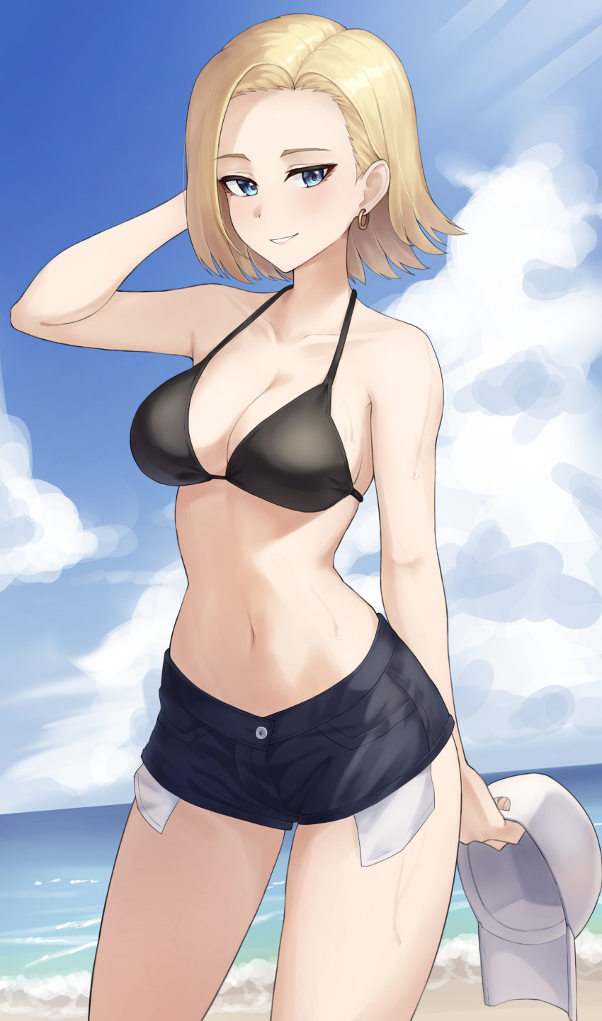 1girl absurdres android_18 angdo_(kakajo26) bangs bare_arms bare_shoulders beach bikini blonde_hair blue_eyes breasts collarbone commentary cowboy_shot day dragon_ball earrings hand_in_hair hat highres holding holding_clothes holding_hat jewelry large_breasts looking_at_viewer medium_breasts navel ocean outdoors parted_lips short_hair short_shorts shorts smile solo summer swimsuit teeth