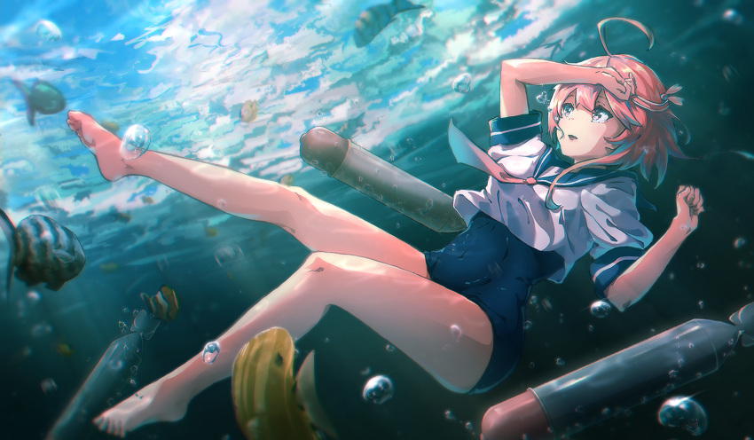 1girl ahoge animal bare_legs barefoot black_swimsuit blue_sailor_collar fish hair_between_eyes highres i-58_(kancolle) i-coat kantai_collection one-piece_swimsuit open_mouth pink_eyes pink_hair pink_neckwear sailor_collar school_swimsuit school_uniform serafuku short_hair short_sleeves solo swimsuit swimsuit_under_clothes torpedo underwater