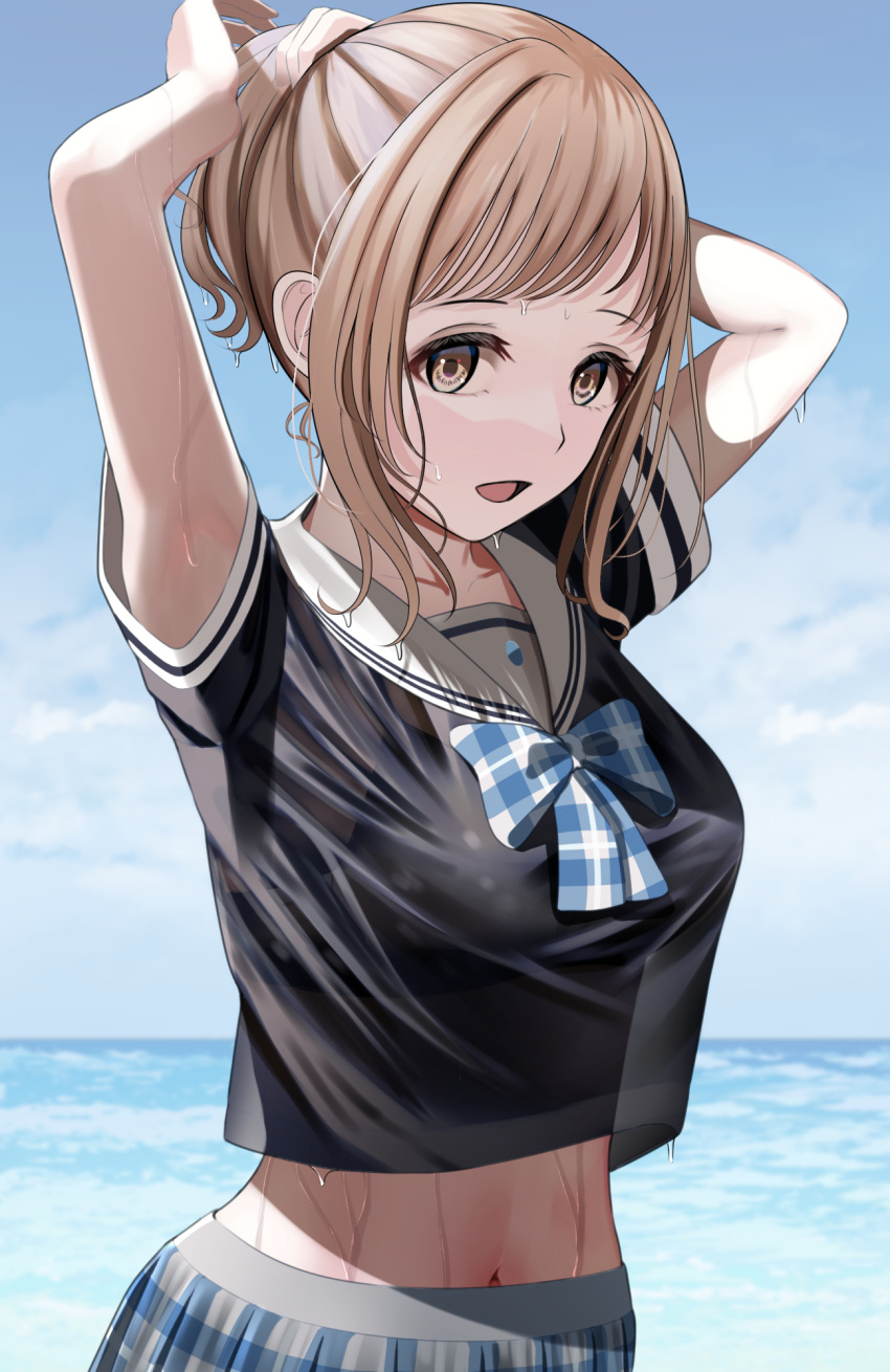 1girl :d arms_up bangs black_shirt blue_neckwear blue_skirt blue_sky blurry blurry_background bow bowtie brown_eyes brown_hair collared_shirt crop_top crop_top_overhang day highres idolmaster idolmaster_shiny_colors midriff navel ocean open_mouth outdoors plaid plaid_bow plaid_neckwear plaid_skirt ponytail sailor_collar sailor_shirt sakuragi_mano shirt short_sleeves skirt sky smile solo stomach summer tied_hair turisasu tying_hair wet wet_hair white_sailor_collar