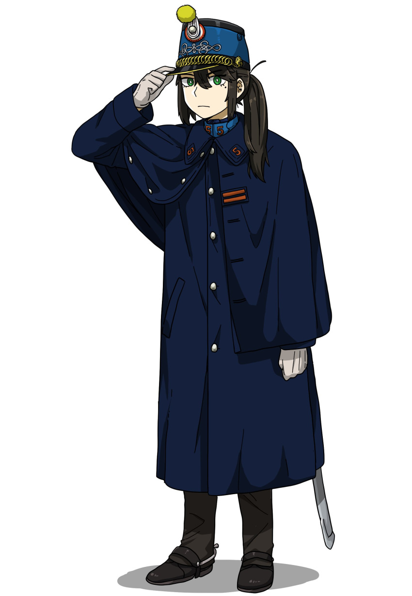 1girl absurdres anyan_(jooho) black_footwear black_hair blue_capelet blue_coat boots capelet coat full_body gloves green_eyes hat highres long_hair long_sleeves looking_at_viewer military military_uniform mole mole_under_eye original ponytail sheath sheathed sidelocks simple_background solo spurs standing sword trench_coat uniform weapon white_background white_gloves world_war_i