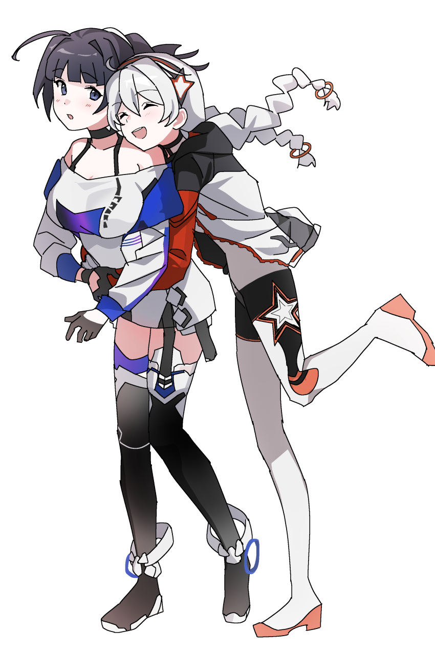 2girls :d :o absurdres antenna_hair bangs black_footwear black_gloves boots braid full_body gloves hair_between_eyes highres hm_mono honkai_(series) honkai_impact_3rd hug hug_from_behind jacket kiana_kaslana kiana_kaslana_(white_comet) long_hair long_sleeves multiple_girls open_mouth ponytail purple_hair raiden_mei raiden_mei_(striker_fulminata) shirt simple_background smile thigh-highs thigh_boots twin_braids violet_eyes white_background white_hair white_jacket white_shirt