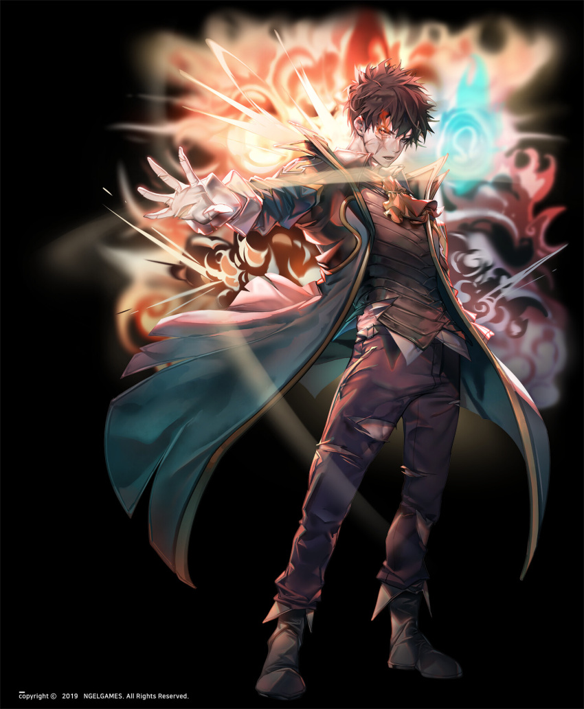 1boy black_background black_footwear black_hair black_pants black_vest boots coat flaming_eye gloves han_deawi hero_cantare heterochromia highres long_coat looking_at_viewer male_focus official_art open_mouth pants scar scar_across_eye serious short_hair solo the_god_of_high_school torn_clothes torn_pants vest white_gloves yagaaaa