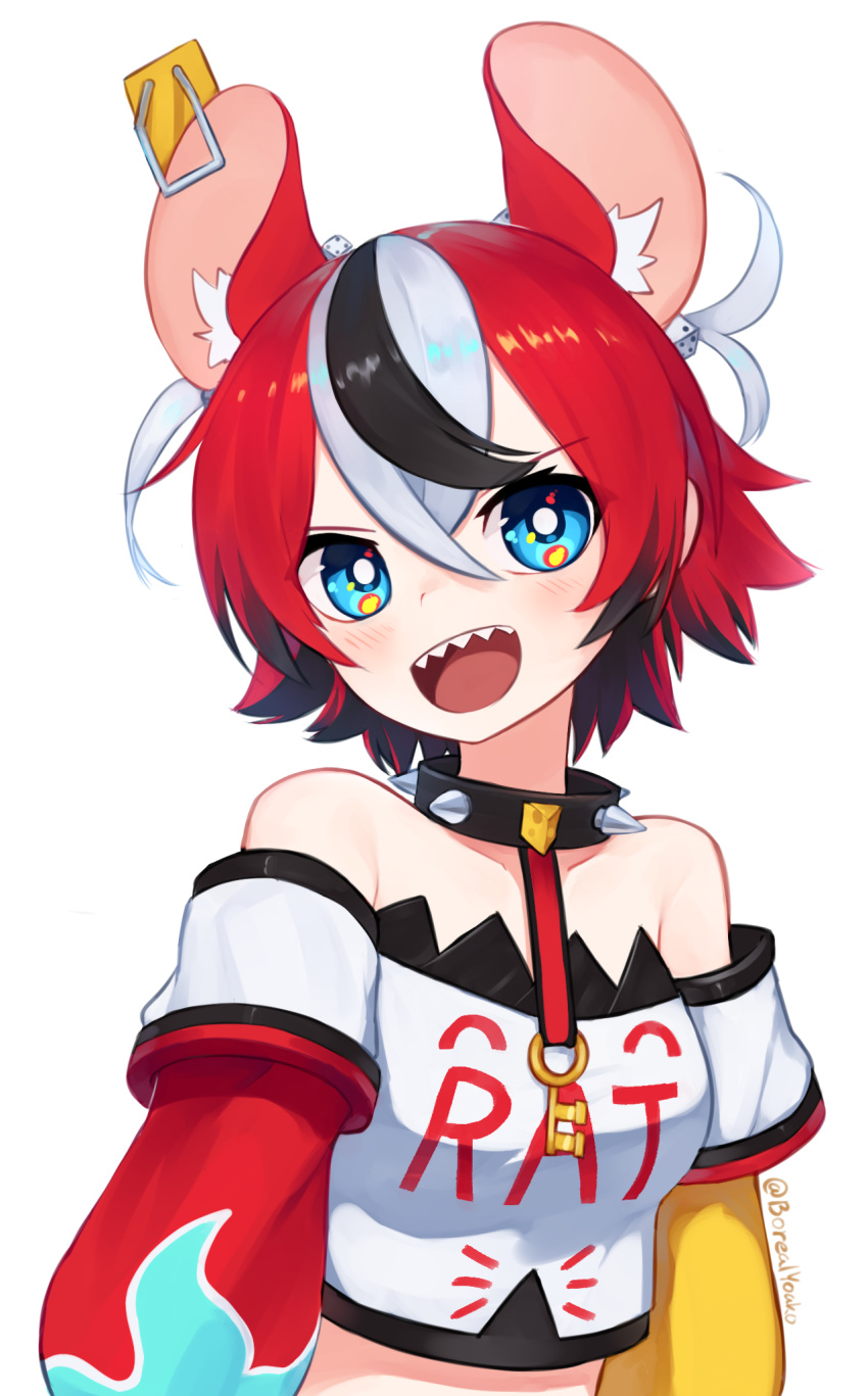1girl :d alternate_hairstyle animal_ears bare_shoulders blue_eyes blush bright_pupils clothes_writing collar cropped_shirt detached_sleeves hakos_baelz highres hololive hololive_english looking_at_viewer mouse_ears mousetrap multicolored_hair off-shoulder_shirt off_shoulder open_mouth print_shirt redhead sharp_teeth shirt short_hair simple_background smile solo spiked_collar spikes teeth upper_body upper_teeth virtual_youtuber white_background white_pupils yoako
