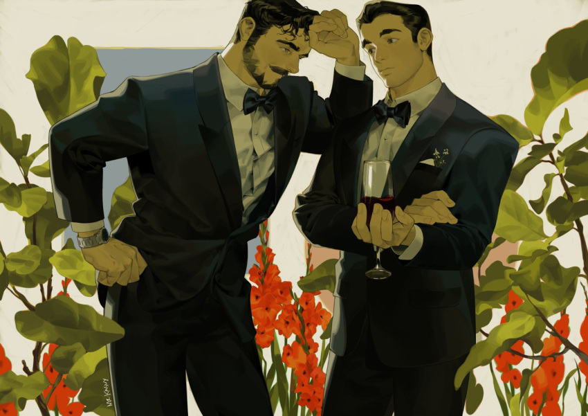 2boys beard black_hair bow bowtie couple cup facial_hair feet_out_of_frame flower flower_request formal holding holding_cup husband_and_husband looking_at_another male_focus mature_male mr_kasuy multiple_boys original plant short_hair sideburns undershirt watch watch