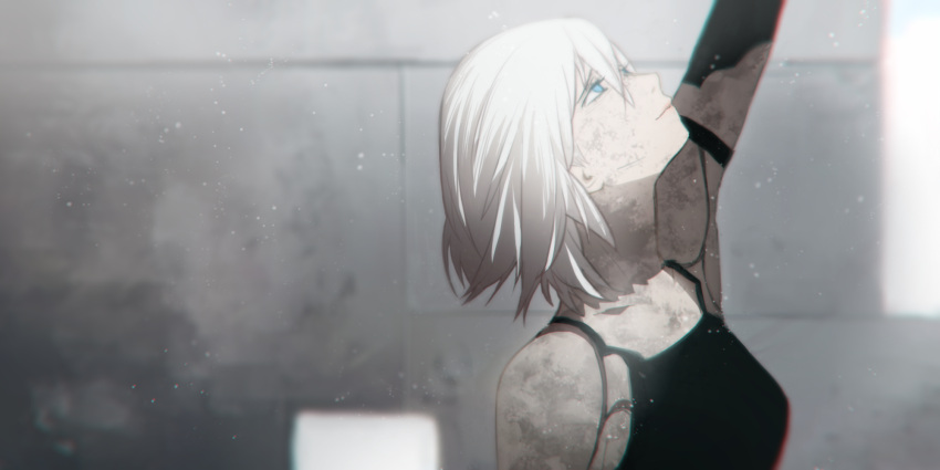 1girl android armlet bare_shoulders black_gloves black_tank_top blue_eyes closed_mouth collarbone commentary_request dirty dirty_face elbow_gloves gloves highres joints nier_(series) nier_automata partial_commentary remiilla robot_joints short_hair solo tank_top yorha_type_a_no._2