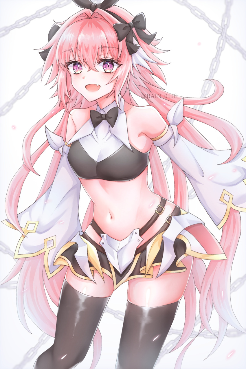 1boy armor astolfo_(fate) astolfo_(saber)_(fate) bangs bare_shoulders belt black_gloves black_legwear black_shirt black_skirt blush bow bowtie chain crop_top detached_sleeves elbow_gloves fate/grand_order fate_(series) faulds gloves hair_bow hair_intakes hair_ribbon highres long_hair looking_at_viewer low_twintails midriff multicolored_hair navel open_mouth otoko_no_ko pink_hair rain_(roromi) ribbon shirt skirt smile solo streaked_hair thigh-highs thighs twintails violet_eyes white_hair wide_sleeves